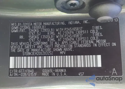 2013 Toyota Highlander Base V6 from USA, damaged, VIN 5TDBK3EH2DS203252